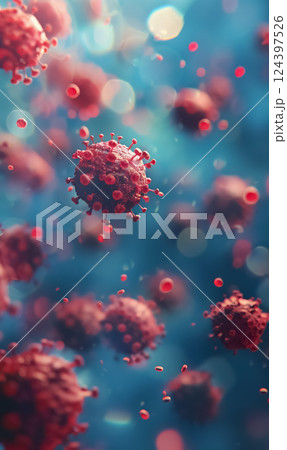 Close-up of virus particles floating in microscopic view, colored in pink and blue hues, representing pathogens or cells in biological environment 124397526