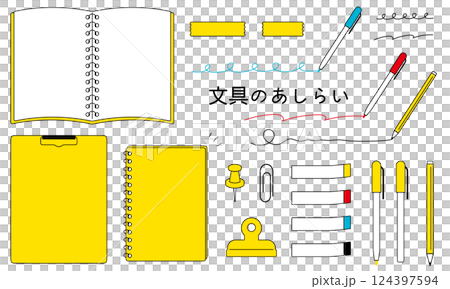文房具のあしらい。ノートのフレーム。ビジネスや学校のあしらいセット。ノートや文具のセット。 文房具のあしらい。ノートのフレーム。ビジネスや学校のあしらいセット。ノートや文具のセット。 124397594