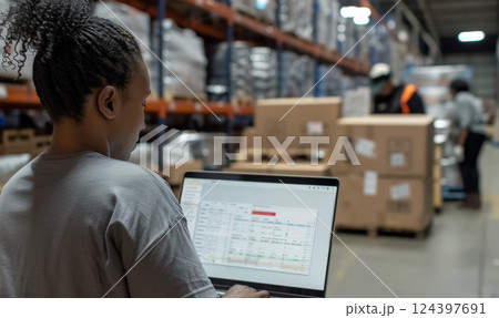 woman manages inventory on laptop in warehouse, role of technology and analytics in streamlining logistics, shipping, and stock control in modern industrial settings 124397691