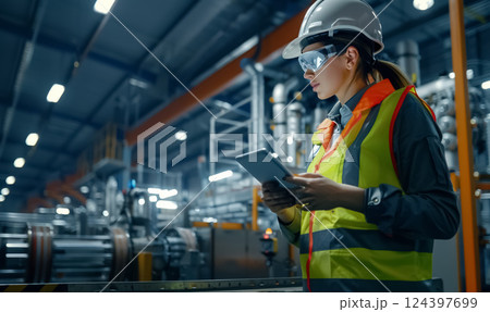 emale engineer stands in high-tech factory, woman checking tablet to oversee operations, person inspecting modern industrial automation and quality control processes maintenance emale engineer stands in high-tech factory, woman checking tablet to oversee operations, person inspecting modern industrial automation and quality control processes maintenance 124397699