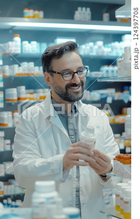 confident pharmacist in lab coat smiles and standing in pharmacy by medicine shelves, offering professional and organized healthcare services, selling drugs and vitamins 124397708