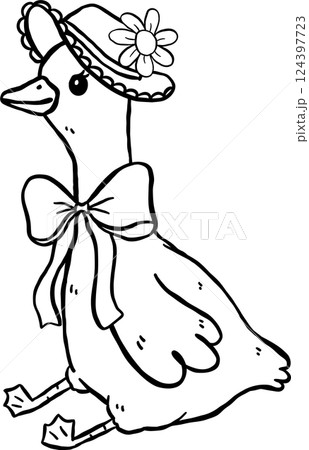 Cute Goose Coquette Cartoon Outline Hand Drawn 124397723