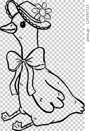 Cute Goose Coquette Cartoon Outline Hand Drawn 124397723