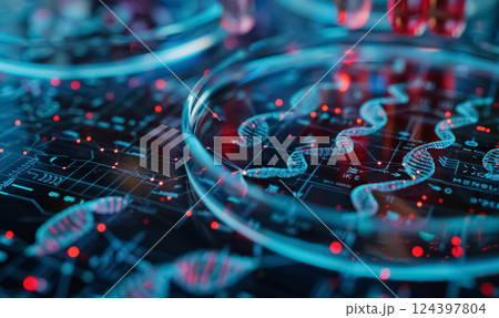 futuristic petri dish displaying glowing DNA helix surrounded by digital data and molecular structures, advanced research in genetics and biotechnology 124397804