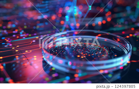futuristic petri dish displaying glowing cells and structures surrounded by digital data and molecular structures, advanced research in genetics and biotechnology 124397805