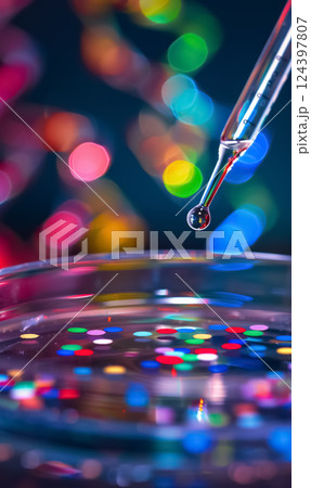 vibrant drop of liquid from pipette hovers over glowing petri dish, highlighting cutting-edge research in molecular biology and DNA experiments 124397807