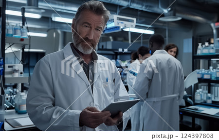 scientist in lab coat uses tablet while standing in biotechnology research lab, surrounded by coworkers researchers, innovation and medical scientific analysis 124397808