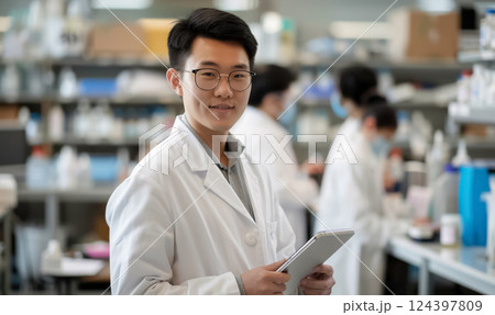 scientist in lab coat uses tablet while standing in biotechnology research lab, surrounded by coworkers researchers, innovation and medical scientific analysis 124397809