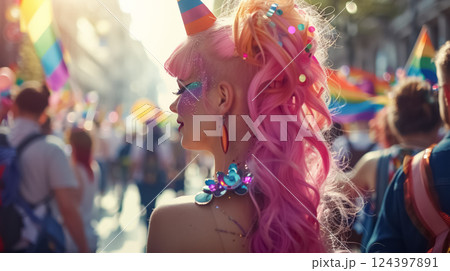 young queer woman with pink vibrant hair celebrating pride parade, gay or lesbian person with rainbow colors signs and vivid makeup 124397891