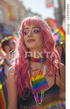young queer woman with pink vibrant hair celebrating pride parade, gay or lesbian person with rainbow colors signs and vivid makeup 124397892
