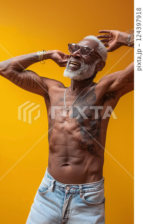 shirtless older person with tattoos and glasses confidently poses against a bold yellow background, exuding strength and pride in their fit physique and unique style shirtless older person with tattoos and glasses confidently poses against a bold yellow background, exuding strength and pride in their fit physique and unique style 124397918
