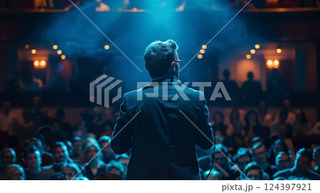 silhouette of man person holding microphone on stage, backlit by blue light. The crowd watches in anticipation, creating a dramatic and intense atmosphere 124397921