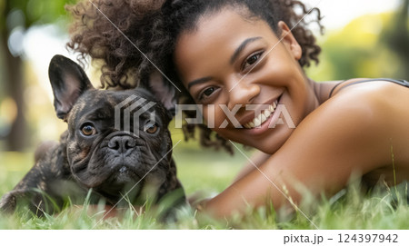 young woman with adorable lovely french bulldog dog lying on grass and hugging, love and domestic animals and pets 124397942