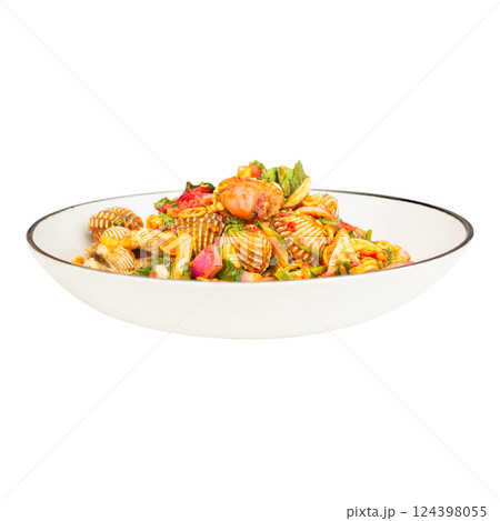 Boiled scallops cooked with seasoning. Fish sauce, sugar, Chilli, lime, celery, and sliced shallots Cook them together on a plate. A menu of Thai seafood accompaniments. isolated white background Boiled scallops cooked with seasoning. Fish sauce, sugar, Chilli, lime, celery, and sliced shallots Cook them together on a plate. A menu of Thai seafood accompaniments. isolated white background 124398055