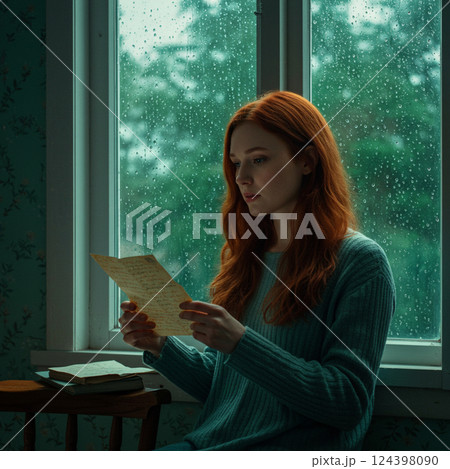 A woman reading an old letter by a rainy window 124398090