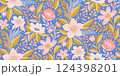 A seamless floral pattern with delicate pink and white flowers, golden leaves, and a soft blue background. A perfect design for textiles, packaging, wallpapers, fabric prints, stationery, gift wrap. 124398201