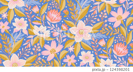 A seamless floral pattern with delicate pink and white flowers, golden leaves, and a soft blue background. A perfect design for textiles, packaging, wallpapers, fabric prints, stationery, gift wrap. A seamless floral pattern with delicate pink and white flowers, golden leaves, and a soft blue background. A perfect design for textiles, packaging, wallpapers, fabric prints, stationery, gift wrap. 124398201