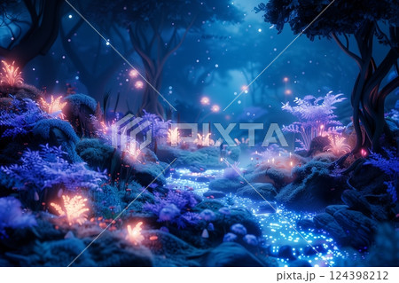 A magical forest scene illuminated by glowing flora and a serene stream, creating an enchanting atmosphere. 124398212