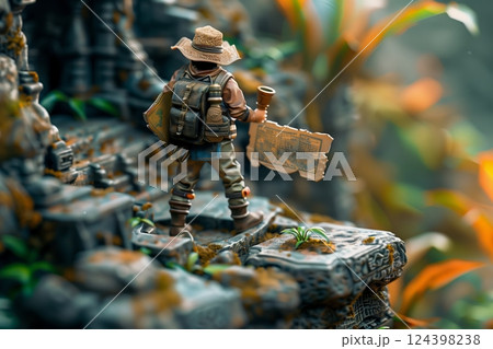 A miniature explorer stands atop ancient ruins, map in hand, ready for an adventure in a lush, vibrant landscape. 124398238