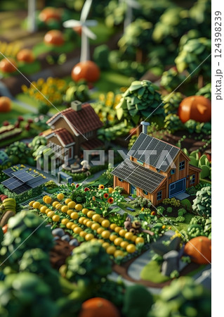 A miniature farm landscape featuring houses, gardens, and renewable energy sources like wind turbines and solar panels. 124398239