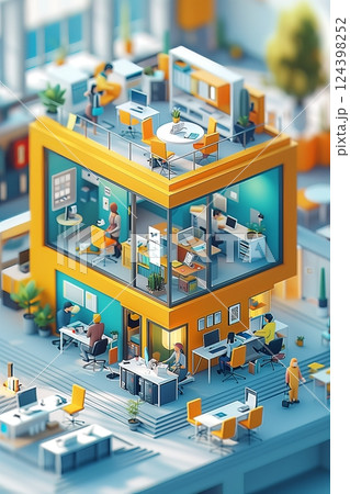 A modern office space featuring collaborative workspaces and vibrant decor for a productive environment. 124398252