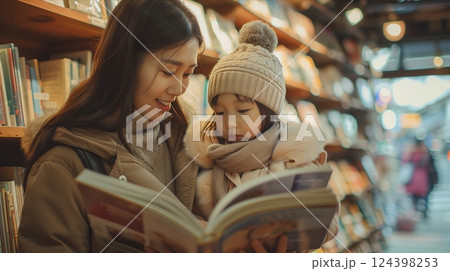 A mother and daughter enjoying storytime together in a cozy bookstore, fostering love for reading and bonding. 124398253