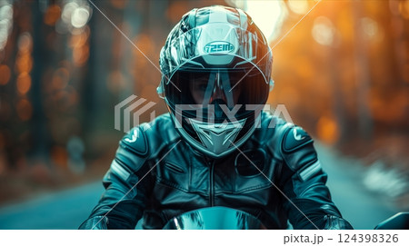 A motorcyclist rides through a vibrant autumn forest, capturing the thrill of the open road in this stunning image. 124398326