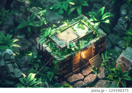 A mystical treasure chest surrounded by lush green plants, capturing the essence of hidden secrets and adventure. 124398375