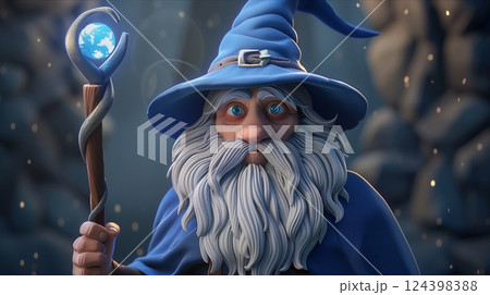 A mystical wizard with a blue hat and glowing staff, set in a magical environment filled with shimmering lights. 124398388