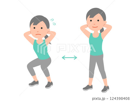 若い女性のスクワットのポーズ　セット 124398408