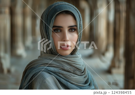 A portrait of a young woman in a traditional hijab, showcasing beauty and cultural identity in a historic setting. A portrait of a young woman in a traditional hijab, showcasing beauty and cultural identity in a historic setting. 124398455