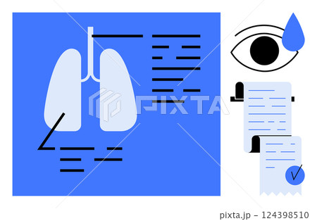 Blue and white graphical representation of lungs with black lines and text. Black outlined eye with a blue tear. Receipt paper with text and checkmark. Ideal for medical, diagnostics, healthcare Blue and white graphical representation of lungs with black lines and text. Black outlined eye with a blue tear. Receipt paper with text and checkmark. Ideal for medical, diagnostics, healthcare 124398510