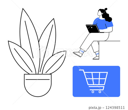 Woman sitting with laptop, large potted plant, blue shopping cart icon. Ideal for remote work, e-commerce, online shopping, home office, freelancers, digital marketing, online learning themes. Line 124398511