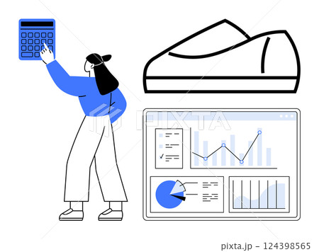 Woman pointing at large calculator, sneaker outline, and analytics dashboard with charts. Ideal for business, technology, finance, ecommerce, retail, data analysis, and sportswear. Line metaphor 124398565