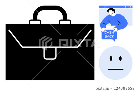Black briefcase silhouette, a person on a webpage holding a cashback sign, and a neutral face. Ideal for business, cashback, online shopping, corporate, digital marketing. Simple modern style Black briefcase silhouette, a person on a webpage holding a cashback sign, and a neutral face. Ideal for business, cashback, online shopping, corporate, digital marketing. Simple modern style 124398658