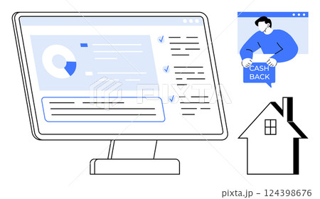 Monitor with financial dashboard displaying charts and lists, individual holding a cashback sign, and house icon. Ideal for financial management, online transactions, real estate, cashback offers 124398676