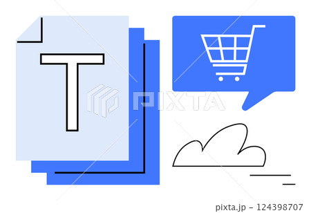 Large letter T on stacked documents, shopping cart icon in a speech bubble, cloud and line marks. Ideal for e-commerce, digital communication, document management, cloud storage, online shopping 124398707