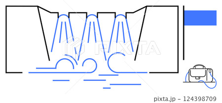 Water dam system directing water over turbines. Blue and black lines creating energy. Ideal for renewable energy, engineering, water management, environmental science, hydroelectric power Water dam system directing water over turbines. Blue and black lines creating energy. Ideal for renewable energy, engineering, water management, environmental science, hydroelectric power 124398709