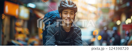 A smiling cyclist rides through a vibrant city, showcasing a blend of urban life and active transportation. 124398720
