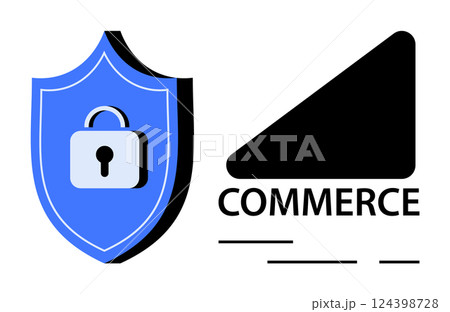 Blue shield with keyhole padlock beside a black triangle labeled COMMERCE. Ideal for e-commerce, online security, cyber protection, data privacy, business branding, web design, digital marketing 124398728