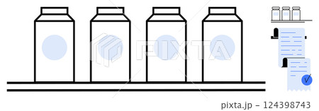 Four milk cartons on a production line. Quality inspection checklist with checkmark nearby. Ideal for food safety, quality assurance, dairy industry, production processes, and regulatory compliance 124398743