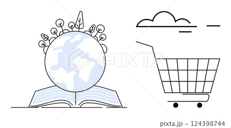 Planet with trees emerging from open book, alongside a shopping cart and cloud. Ideal for environment education conservation shopping sustainability eco-friendly. Simple line art style 124398744