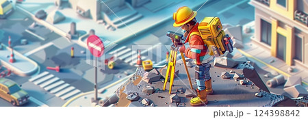 A cartoon construction worker surveying a site with tools, showcasing urban development and teamwork in construction. A cartoon construction worker surveying a site with tools, showcasing urban development and teamwork in construction. 124398842