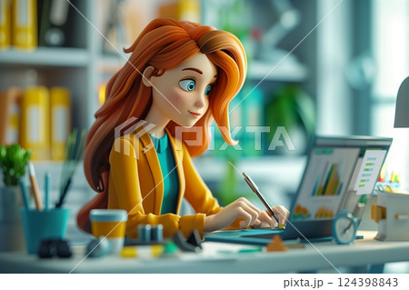 A cartoon woman uses a laptop in a modern office, analyzing data and charts for business insights. A cartoon woman uses a laptop in a modern office, analyzing data and charts for business insights. 124398843
