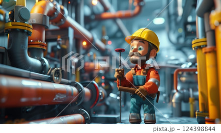 A cartoon worker inspects colorful pipes in an industrial setting, showcasing vibrant engineering and maintenance. 124398844