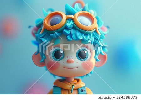 A cheerful animated character with blue hair and big eyes, capturing the essence of joy and curiosity. 124398879