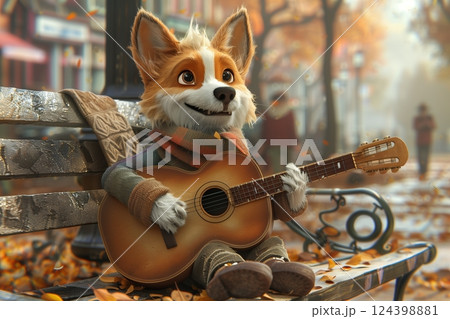 A cheerful animated fox playing guitar on a park bench amid vibrant autumn leaves, evoking a cozy atmosphere. 124398881