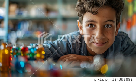 A cheerful boy explores colorful craft supplies in a playful and creative environment, showcasing imagination and joy. 124398882