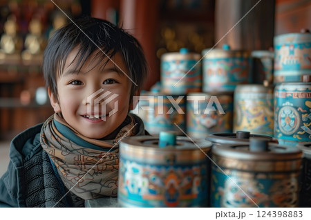 A cheerful boy smiles in front of colorful prayer wheels, embodying a vibrant cultural experience. 124398883