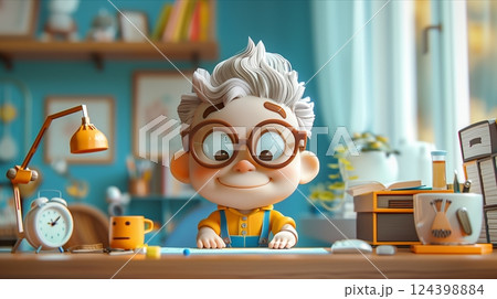 A cheerful boy with glasses, immersed in studying at a colorful desk, showcasing creativity and curiosity. 124398884